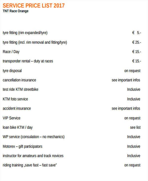 service price list example
