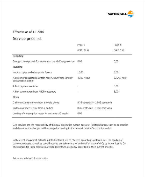service price list sample