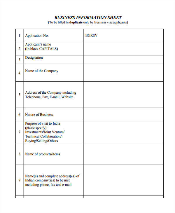 sheet for business information