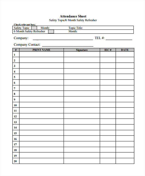 sheet for company attendance