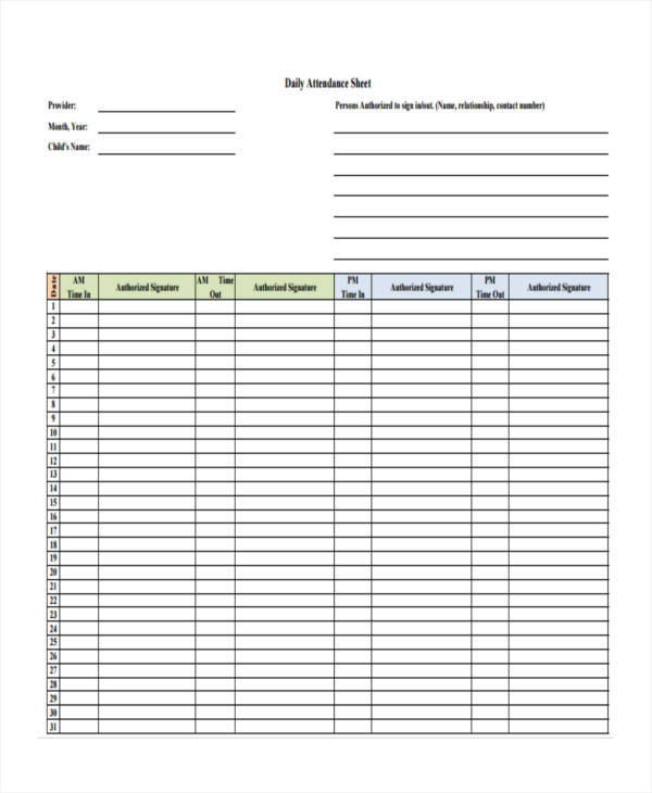 sheet for daily attendance
