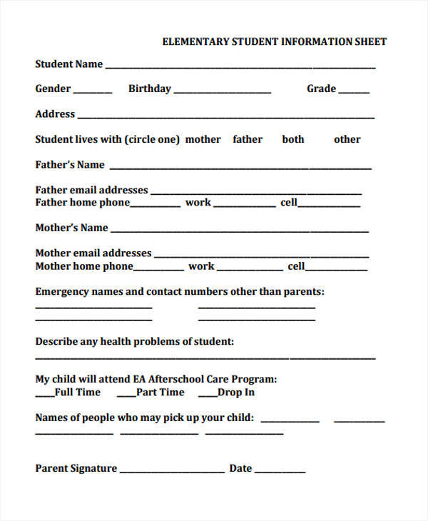 sheet for elementary student information