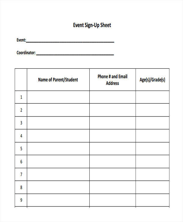 Event Sign Up Sheet Template Printable