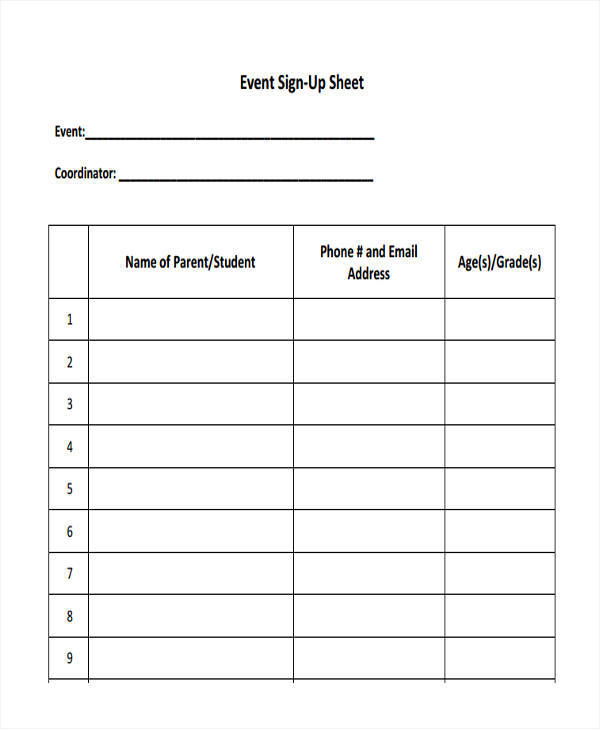 sheet for event sign up