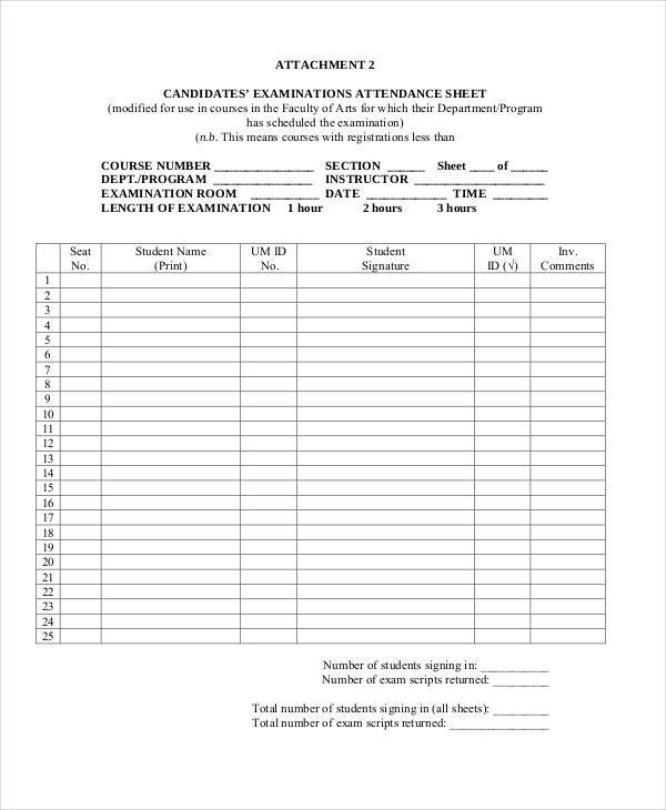 sheet for examination attendance