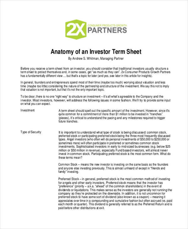 sheet for investment term