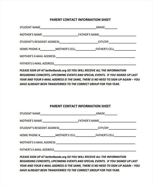 sheet for parent contact information