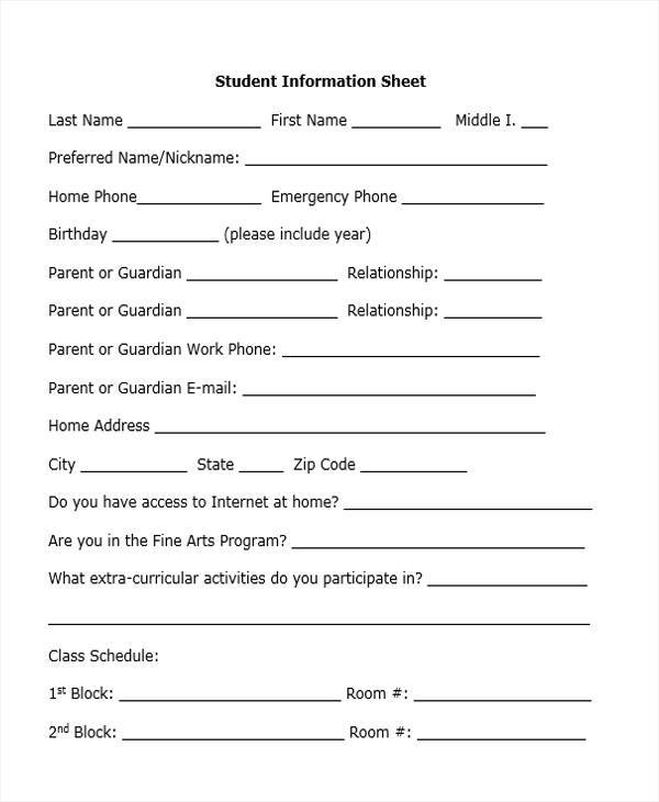 sheet for student information