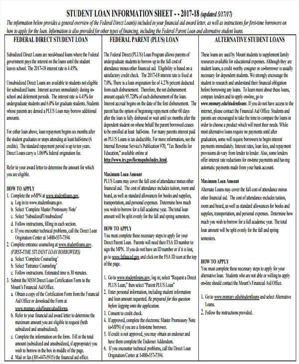 sheet for student loan information sheet1