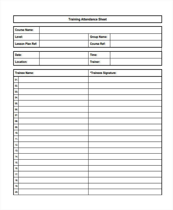 sheet for training attendance