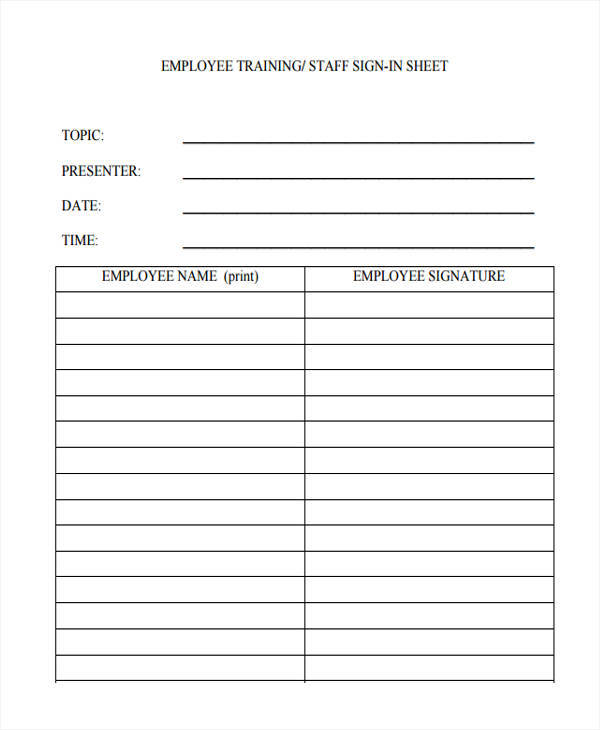 sheet for training sign in