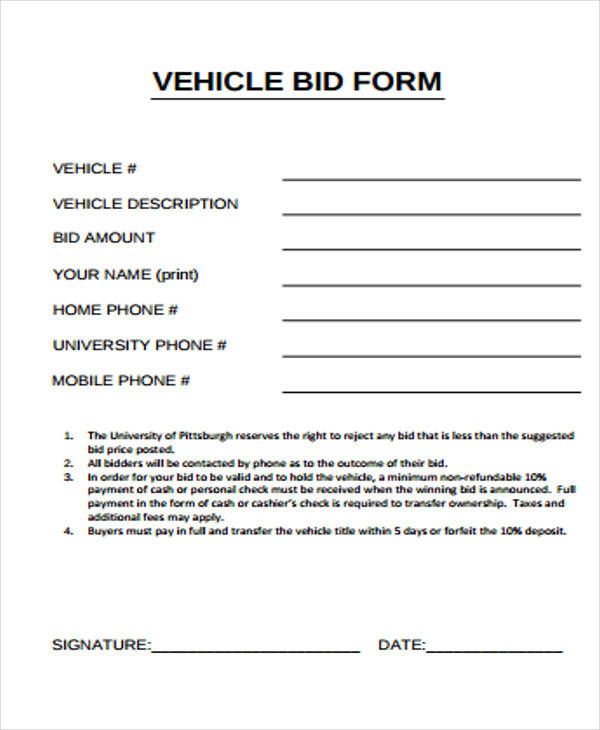 sheet for vehicle bid
