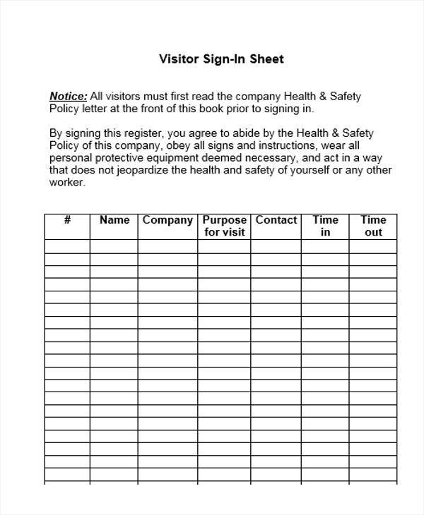sheet for visitor sign in