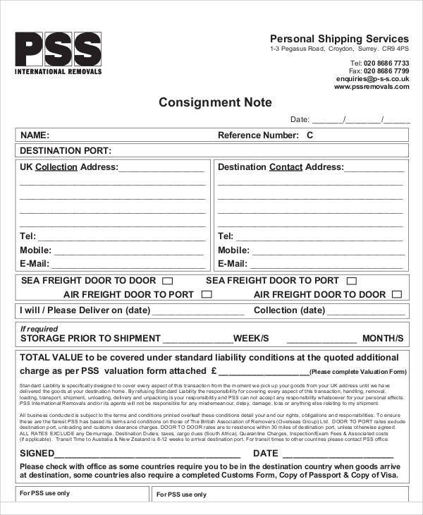 shipping consignment note