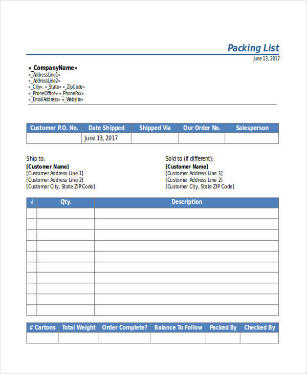 shipping packing list