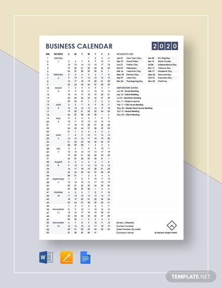 simple business calendar template