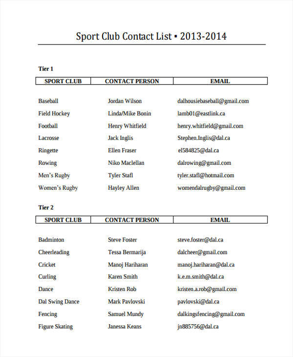 sports club contact