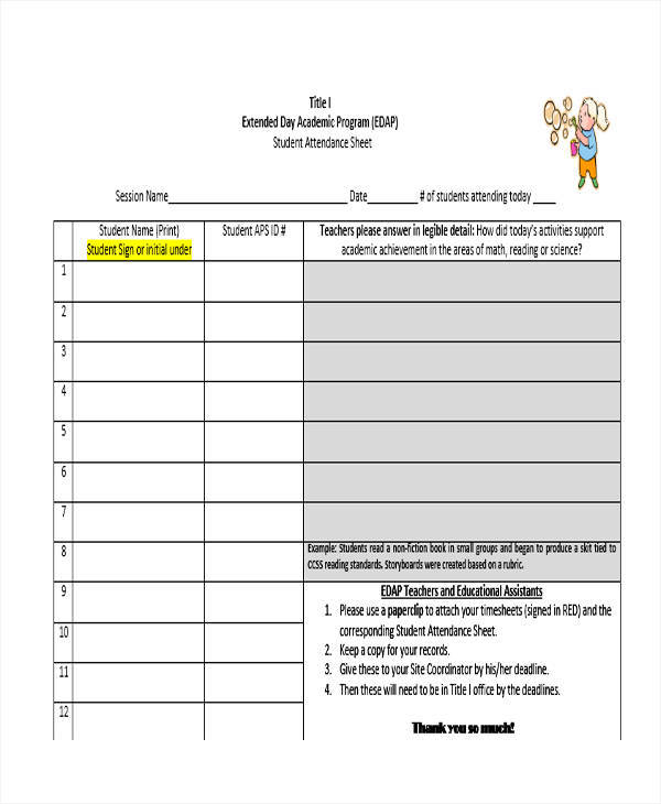 sample printable sheet balance Sample, Templates 14  Attendance  Example Free Sheet