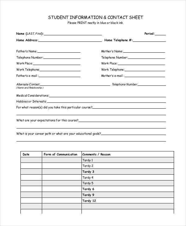 student contact information sheet