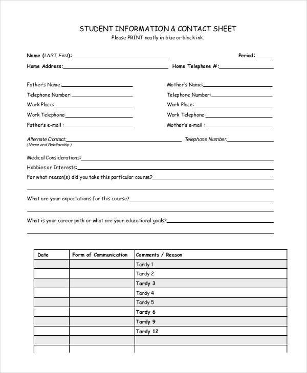 Student Information Sheet Printable