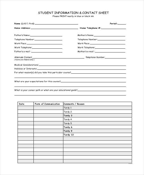 student contact sample sheet