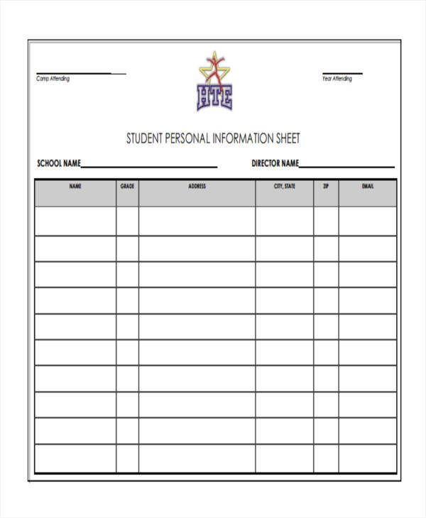 student personal information sheet