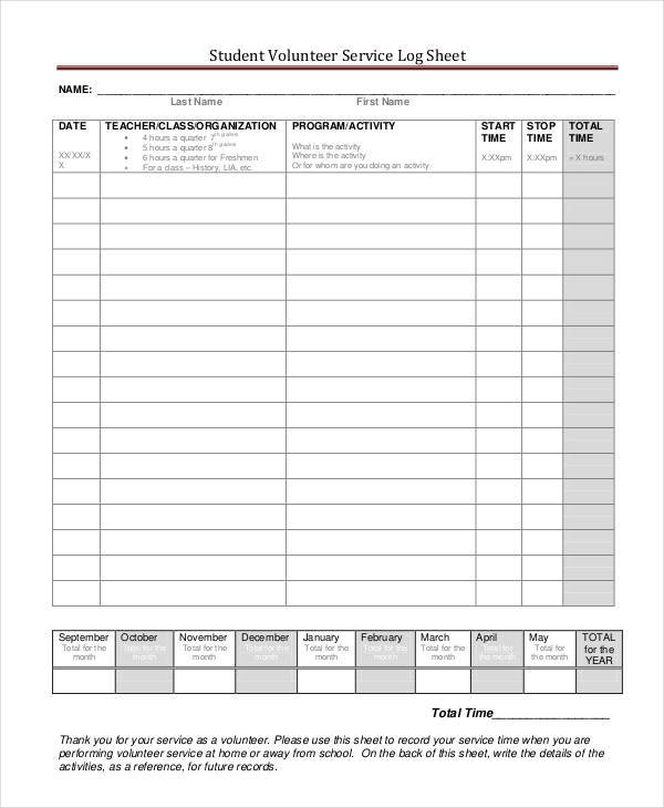 student volunteer log sheet