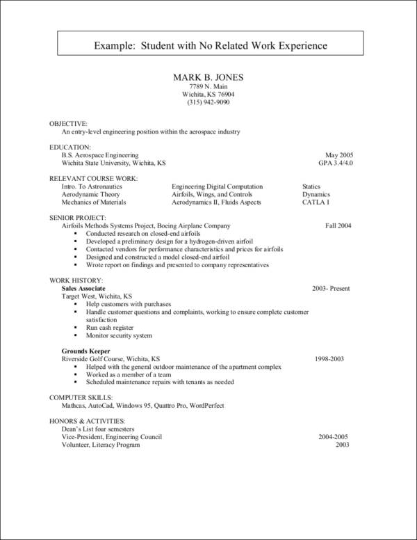 student with no related work experience sample resume