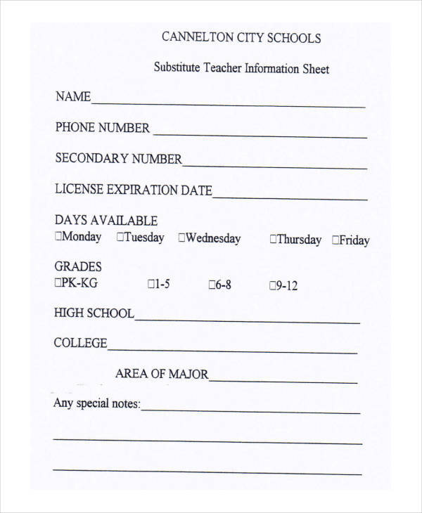 substitute teacher information sheet