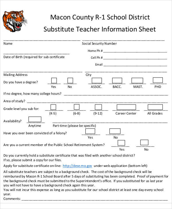 substitute teacher information sheet1