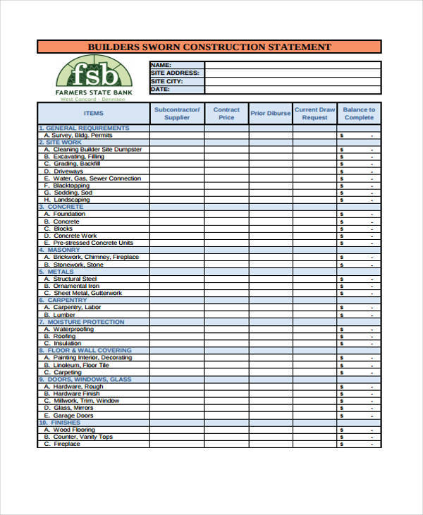 Construction Sworn Statement Template