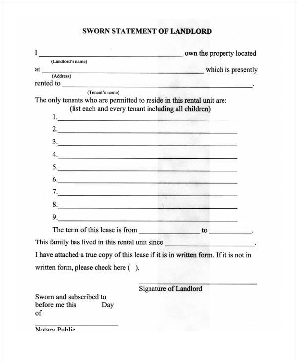 Printable Sworn Statement Form 1975