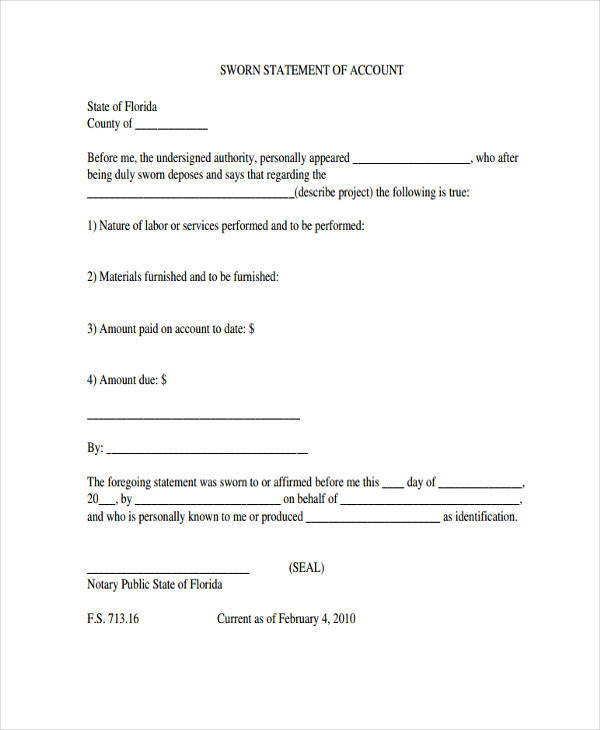 sworn statement of account sample