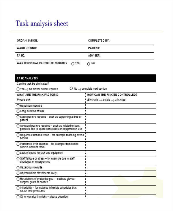 task analysis sheet sample