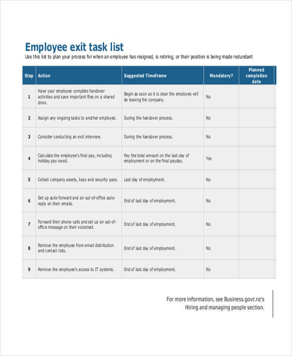 task list sample for employee