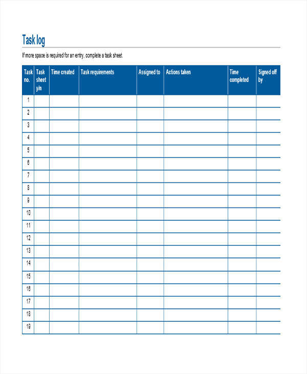task log sheet template