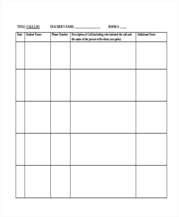 teacher phone call log template