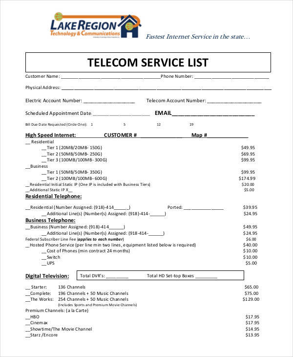 telecom service list 