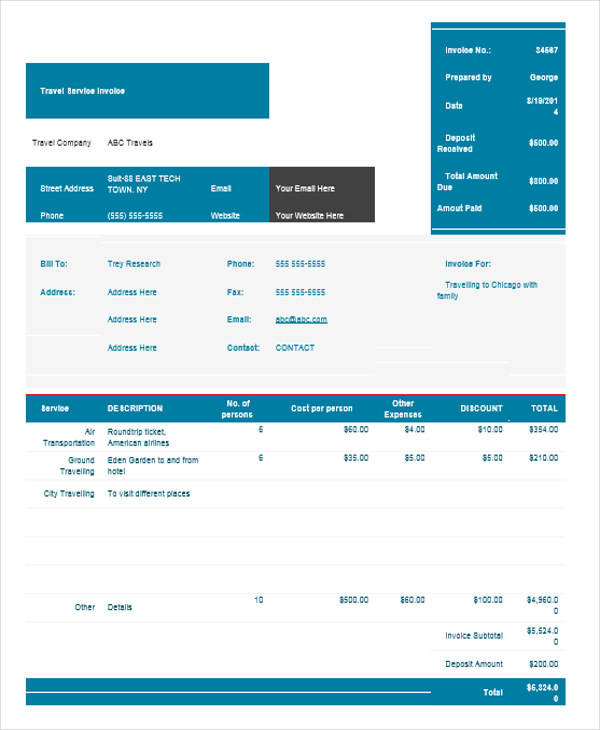 FREE 11  Sample Travel Invoice Templates in PDF MS Word