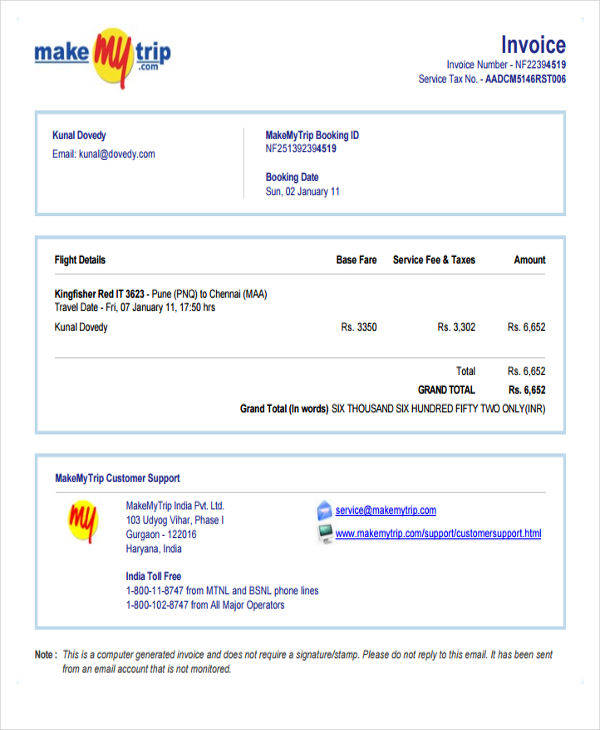 FREE 11+ Sample Travel Invoice Templates in PDF MS Word