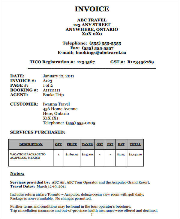 travel bill format india