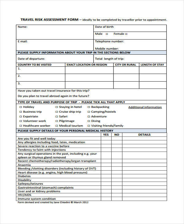 travel risk assessment form example