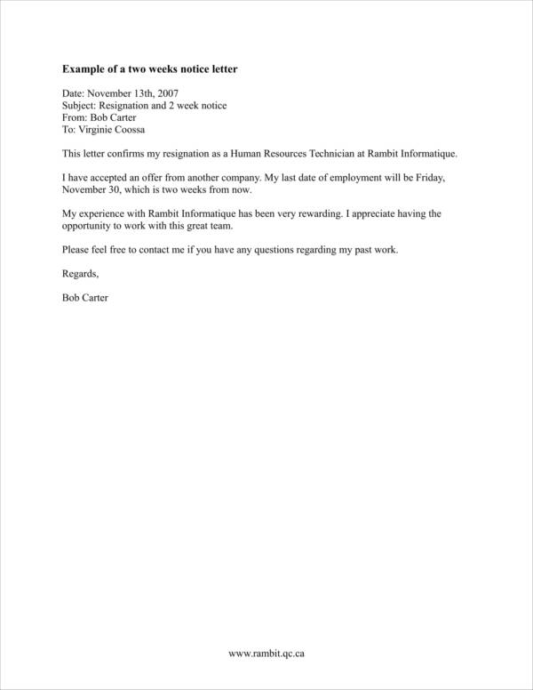 FREE 13+ Two Weeks Notice Samples & Templates in Google Docs MS Word