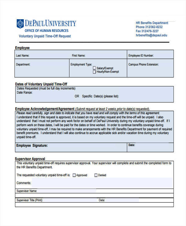 unpaid time off request form