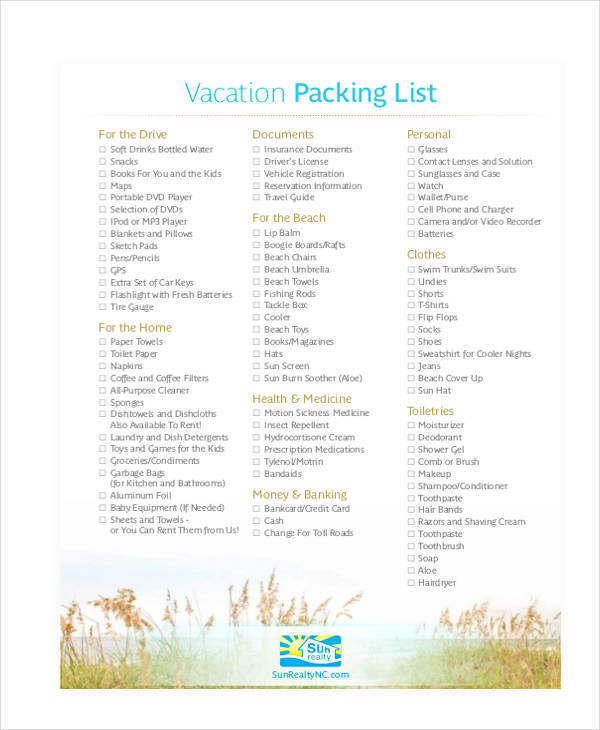 vacation packing list template