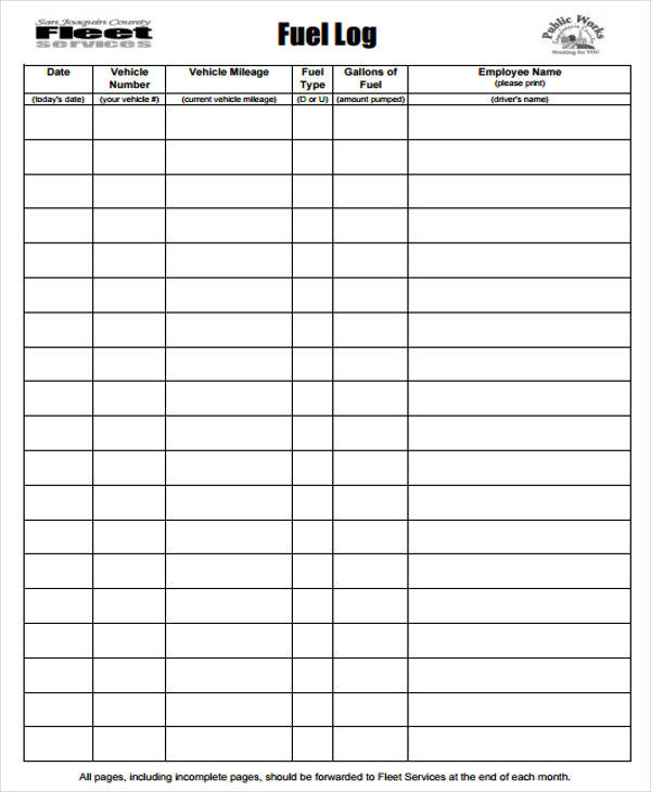 vehicle fuel log sheet