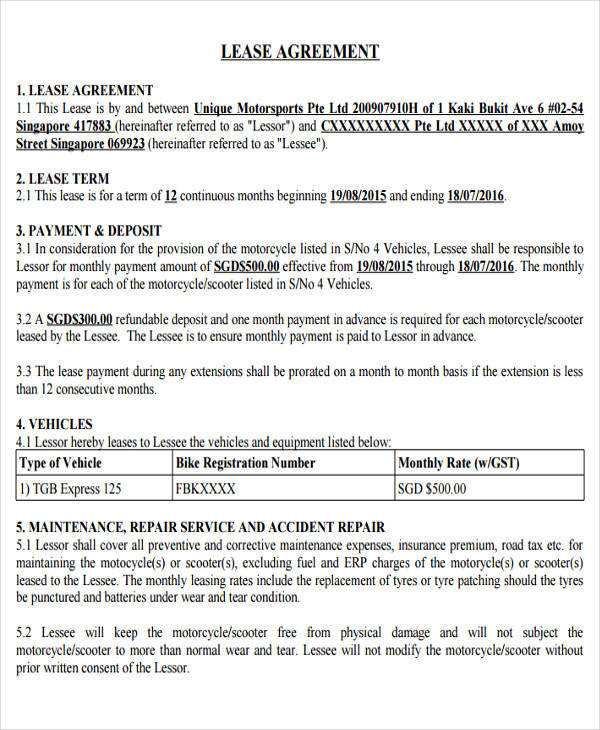 vehicle lease agreement example