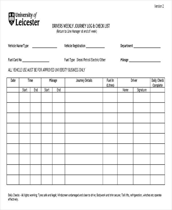 vehicle log sheet sample