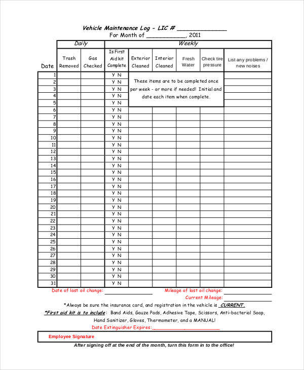 vehicle maintenance log sheet