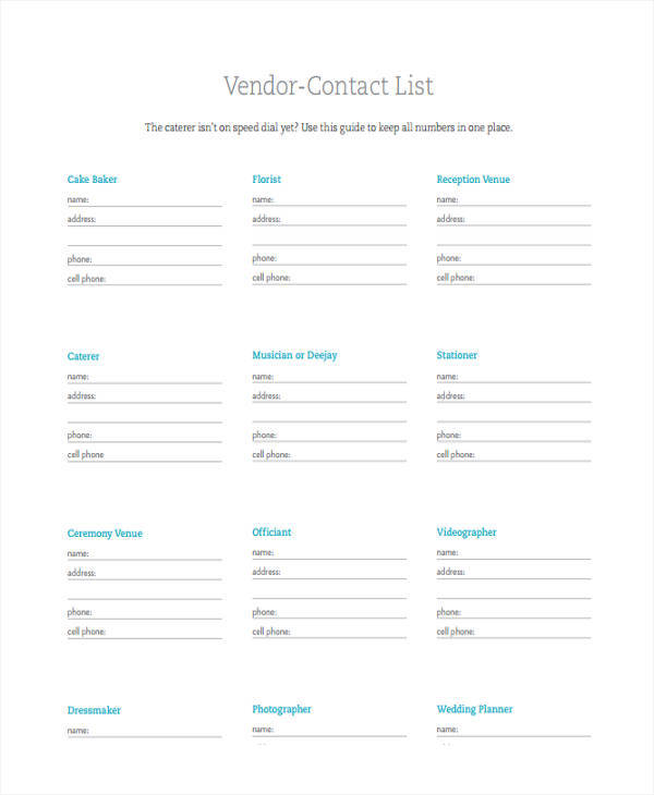 vendor contact list